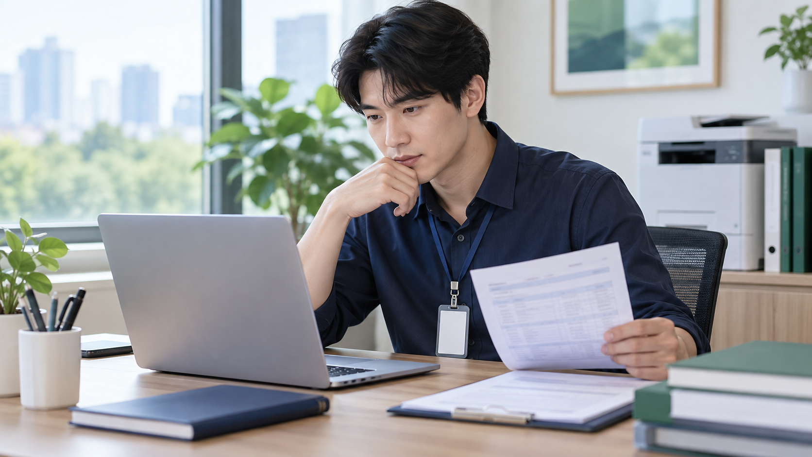노트북 옆에서 건강보험 관련 서류를 확인하는 직장인
